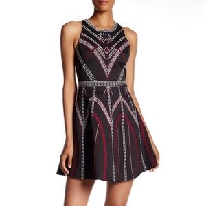 Parker Garnet mini dress, Black sleeveless fit-n-flare embroidered, size S